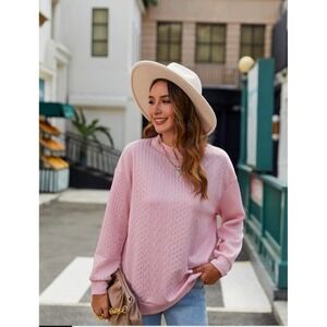 Women's‎ XL Pink Cable Knit Pullover Sweater Trendy Fall Winter Crew Neck Top